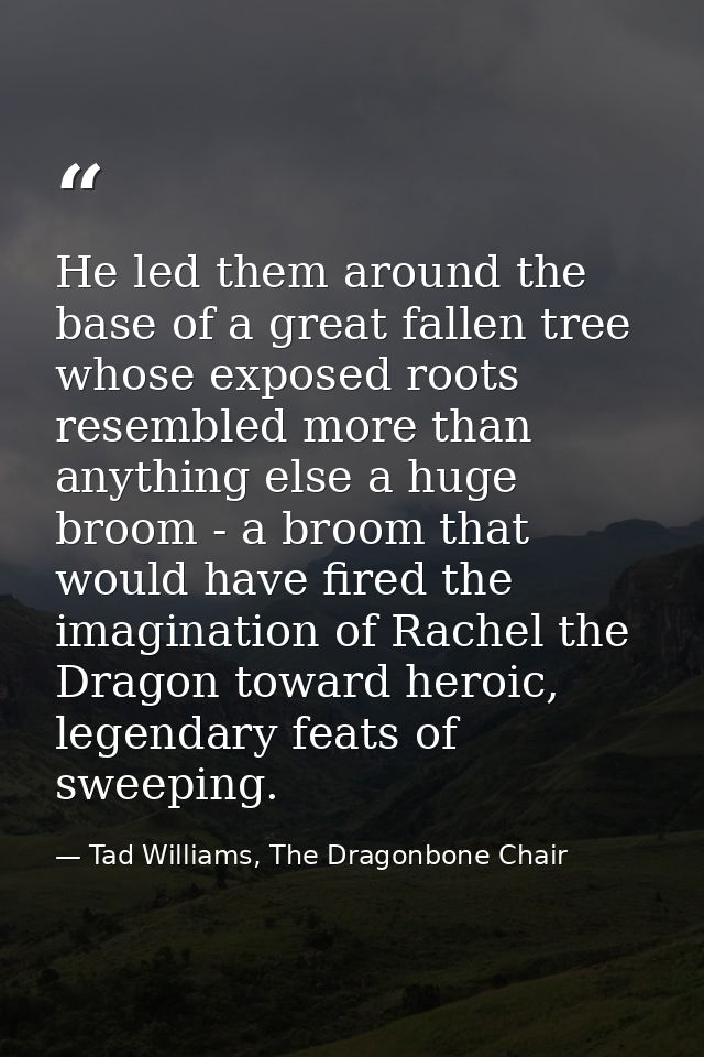 He led them around the base of a great fallen tree whose exposed roots resembled more than anything else a huge broom -  — Tad Williams, The Dragonbone Chair