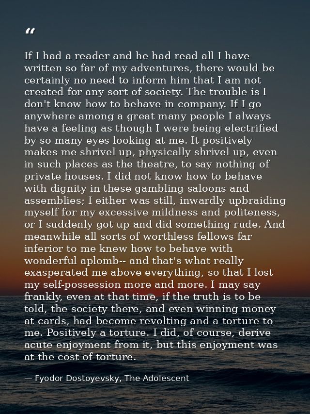 If I had a reader and he had read all I have written so far of my adventures, there would be certainly no need to inform — Fyodor Dostoyevsky, The Adolescent