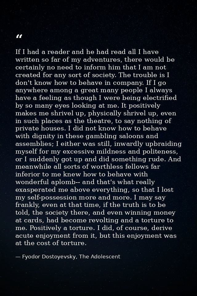 If I had a reader and he had read all I have written so far of my adventures, there would be certainly no need to inform — Fyodor Dostoyevsky, The Adolescent