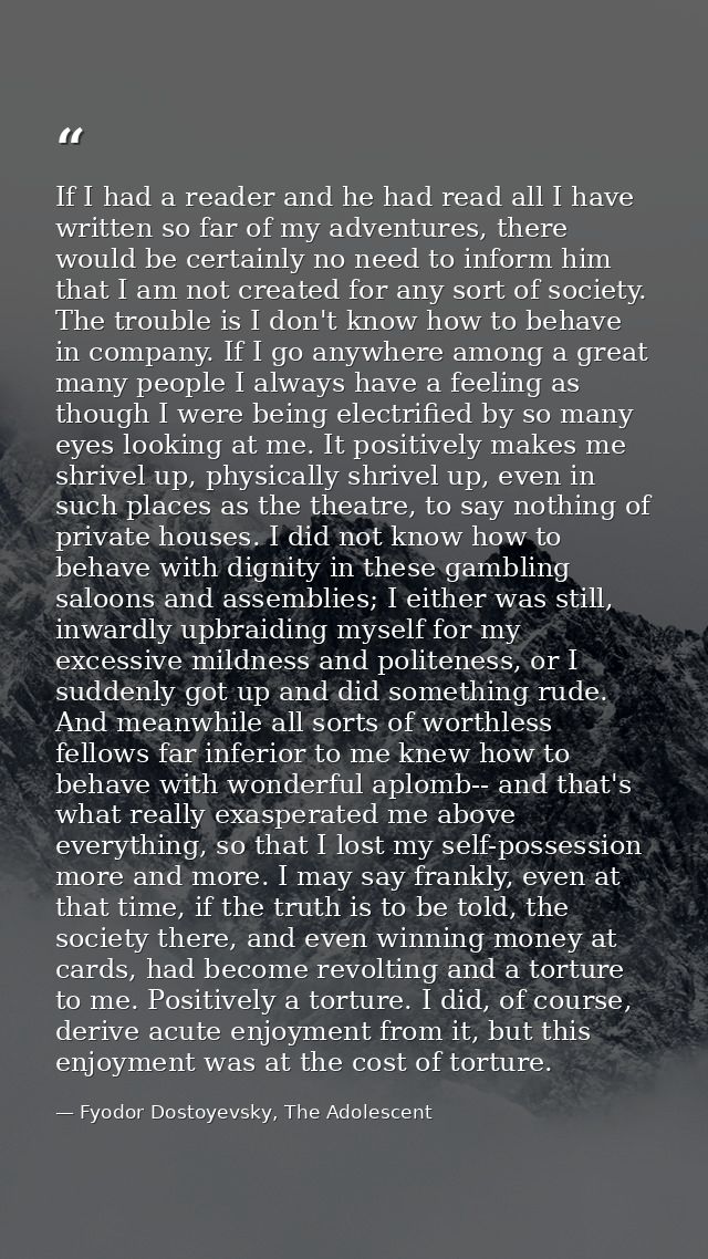 If I had a reader and he had read all I have written so far of my adventures, there would be certainly no need to inform — Fyodor Dostoyevsky, The Adolescent