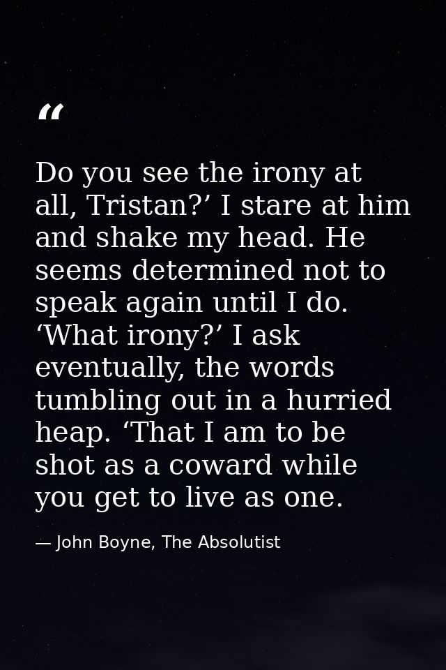 Do you see the irony at all, Tristan?’ I stare at him and shake my head. He seems determined not to speak again until I  — John Boyne, The Absolutist