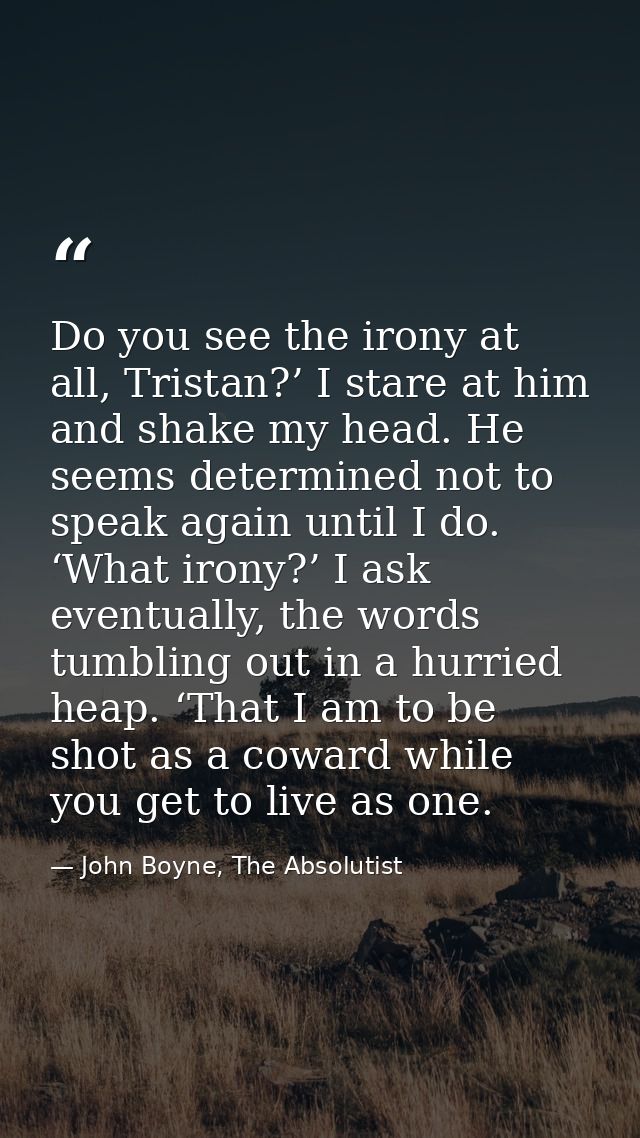 Do you see the irony at all, Tristan?’ I stare at him and shake my head. He seems determined not to speak again until I  — John Boyne, The Absolutist
