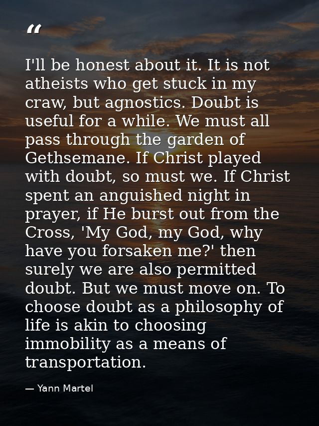 I'll be honest about it. It is not atheists who get stuck in my craw, but agnostics. Doubt is useful for a while. We mus — Yann Martel