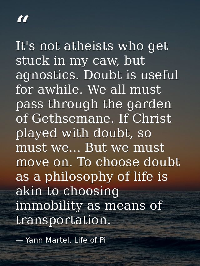 It's not atheists who get stuck in my caw, but agnostics. Doubt is useful for awhile. We all must pass through the garde — Yann Martel, Life of Pi