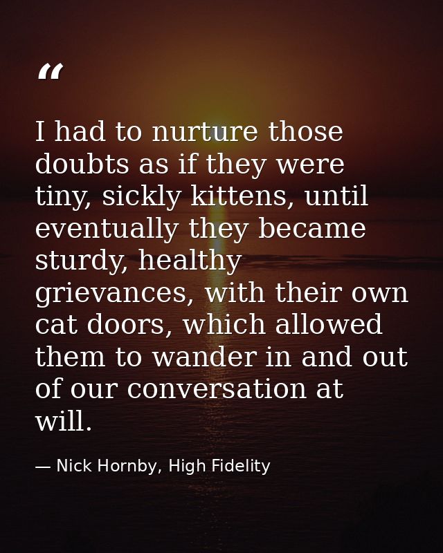 I had to nurture those doubts as if they were tiny, sickly kittens, until eventually they became sturdy, healthy grievan — Nick Hornby, High Fidelity