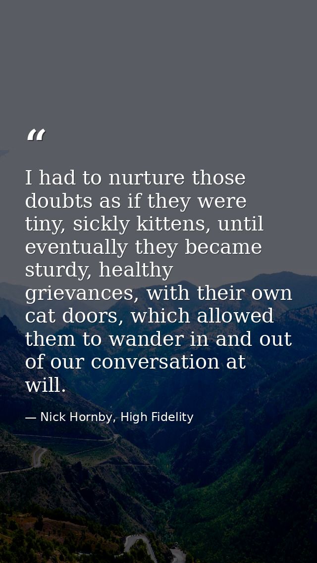 I had to nurture those doubts as if they were tiny, sickly kittens, until eventually they became sturdy, healthy grievan — Nick Hornby, High Fidelity