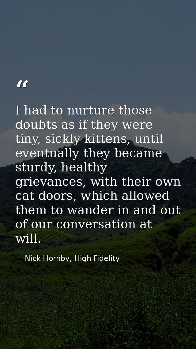 I had to nurture those doubts as if they were tiny, sickly kittens, until eventually they became sturdy, healthy grievan — Nick Hornby, High Fidelity
