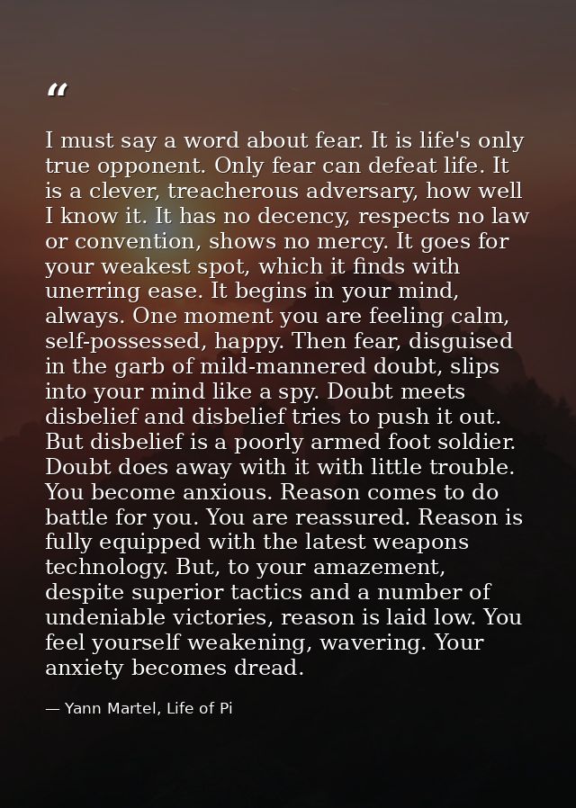 I must say a word about fear. It is life's only true opponent. Only fear can defeat life. It is a clever, treacherous ad — Yann Martel, Life of Pi