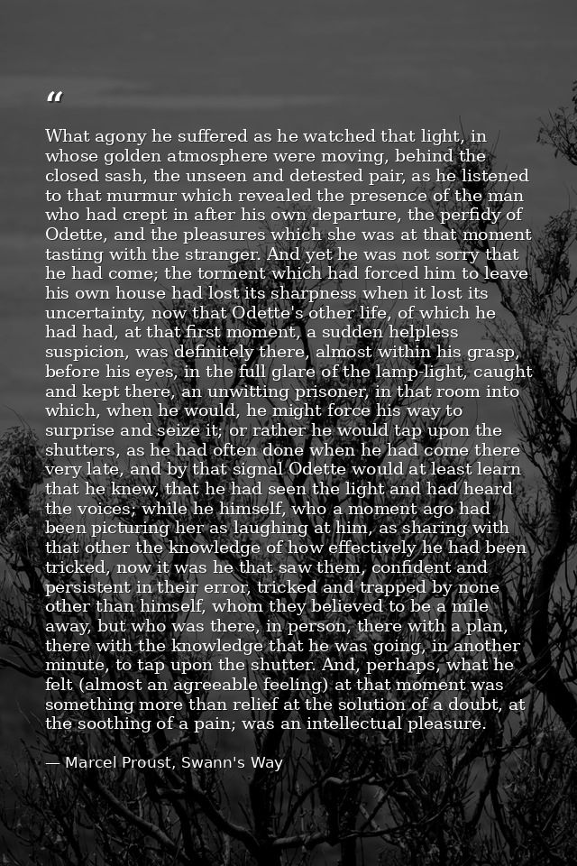 What agony he suffered as he watched that light, in whose golden atmosphere were moving, behind the closed sash, the uns — Marcel Proust, Swann's Way