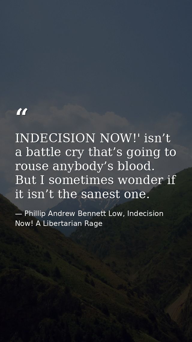 INDECISION NOW!' isn’t a battle cry that’s going to rouse anybody’s blood. But I sometimes wonder if it isn’t the sanest — Phillip Andrew Bennett Low, Indecision Now! A Libertarian Rage