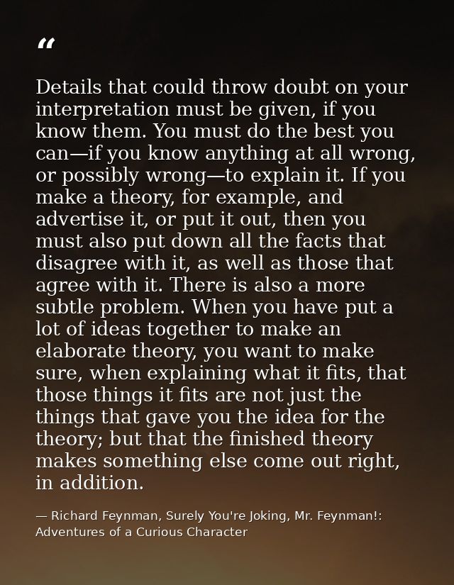 Details that could throw doubt on your interpretation must be given, if you know them. You must do the best you can—if y — Richard Feynman, Surely You're Joking, Mr. Feynman!: Adventures of a Curious Character