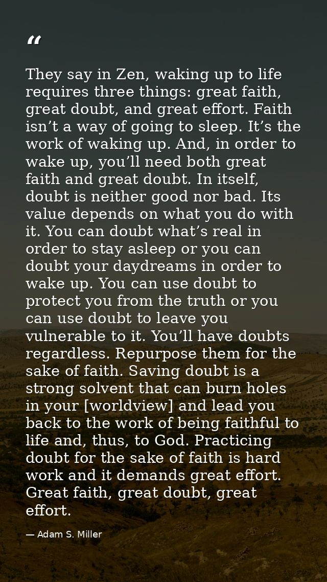 They say in Zen, waking up to life requires three things: great faith, great doubt, and great effort. Faith isn’t a way  — Adam S. Miller