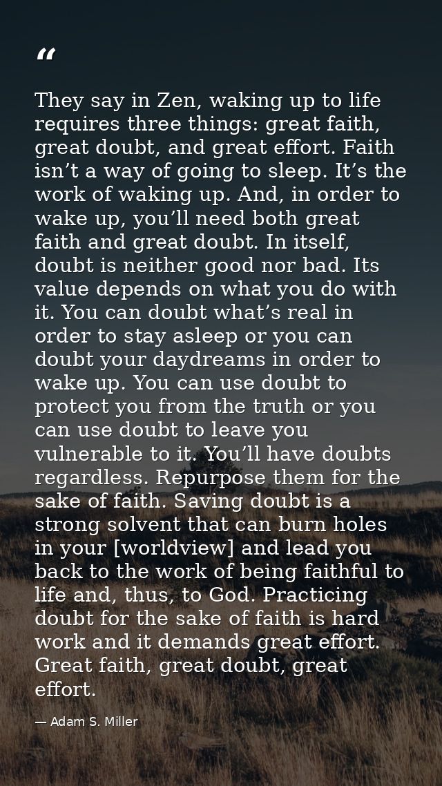 They say in Zen, waking up to life requires three things: great faith, great doubt, and great effort. Faith isn’t a way  — Adam S. Miller