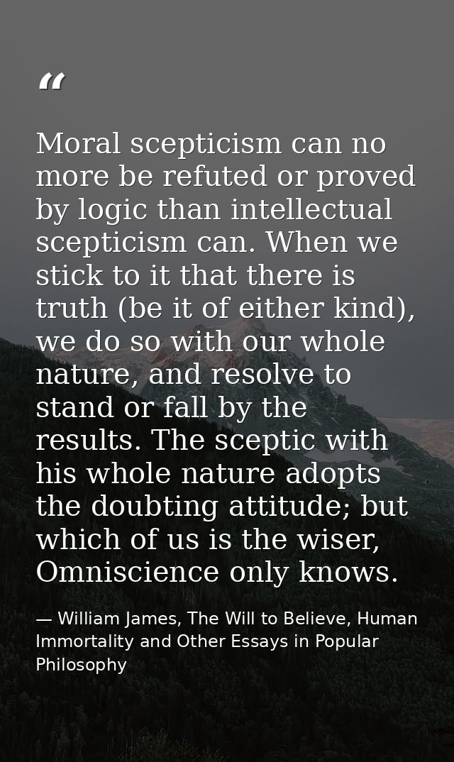 Moral scepticism can no more be refuted or proved by logic than intellectual scepticism can. When we stick to it that th — William James, The Will to Believe, Human Immortality and Other Essays in Popular Philosophy