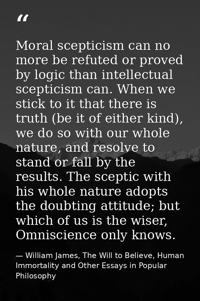 Moral scepticism can no more be refuted or proved by logic than intellectual scepticism can. When we stick to it that th — William James, The Will to Believe, Human Immortality and Other Essays in Popular Philosophy