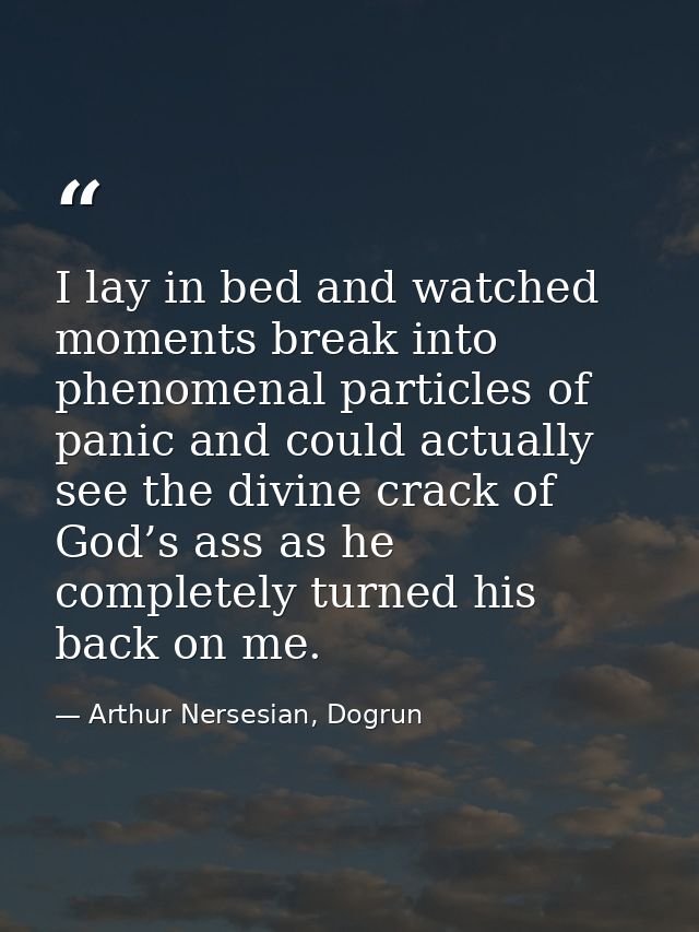 I lay in bed and watched moments break into phenomenal particles of panic and could actually see the divine crack of God — Arthur Nersesian, Dogrun