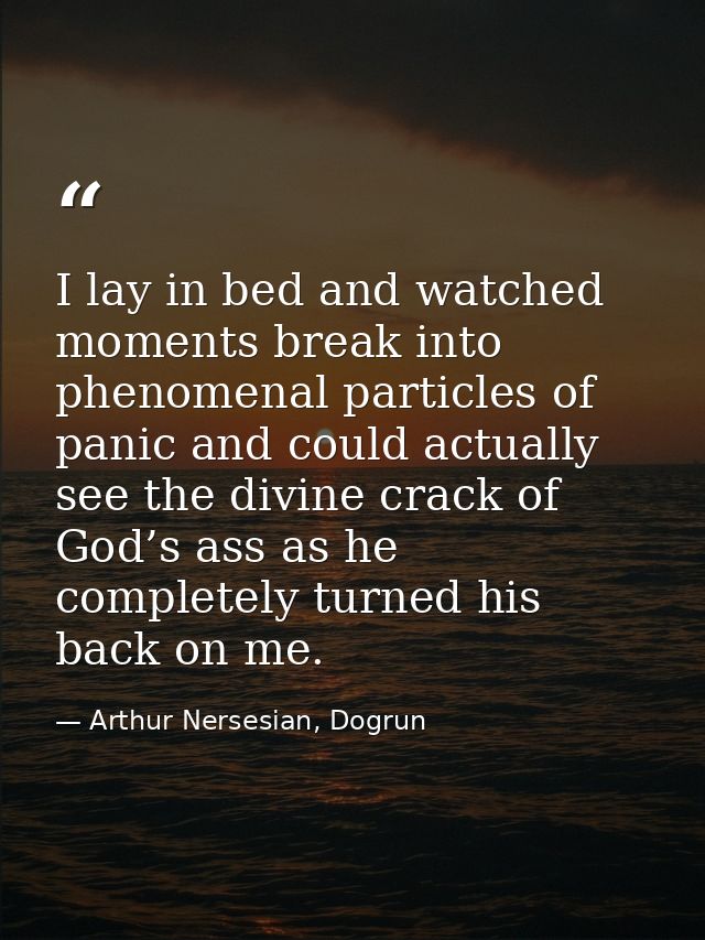 I lay in bed and watched moments break into phenomenal particles of panic and could actually see the divine crack of God — Arthur Nersesian, Dogrun