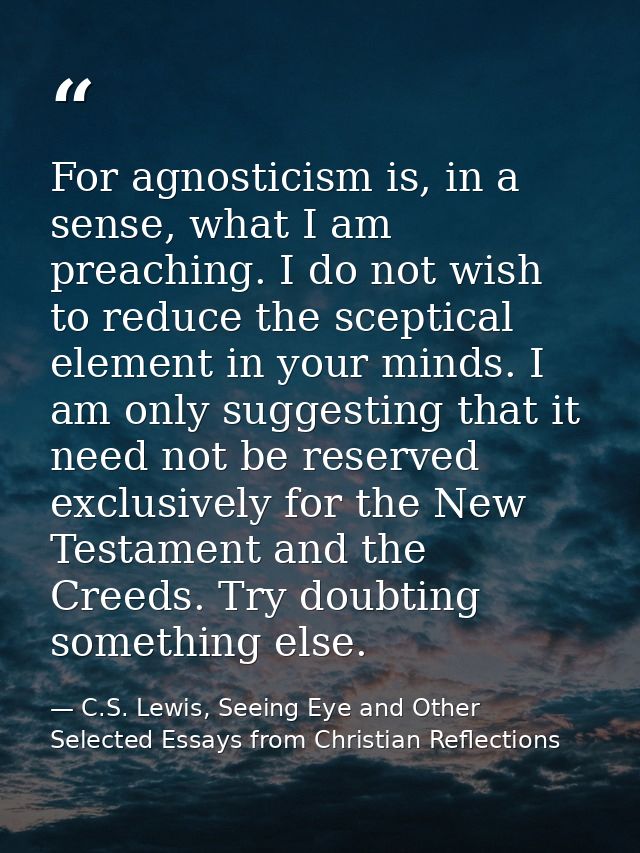 For agnosticism is, in a sense, what I am preaching. I do not wish to reduce the sceptical element in your minds. I am o — C.S. Lewis, Seeing Eye and Other Selected Essays from Christian Reflections