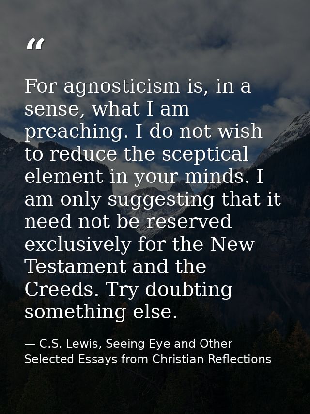 For agnosticism is, in a sense, what I am preaching. I do not wish to reduce the sceptical element in your minds. I am o — C.S. Lewis, Seeing Eye and Other Selected Essays from Christian Reflections