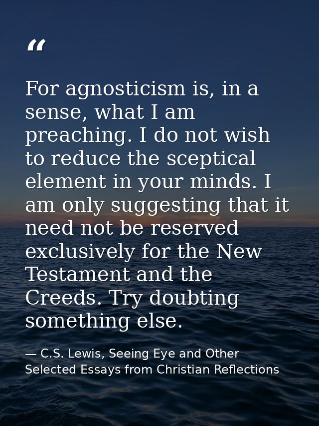 For agnosticism is, in a sense, what I am preaching. I do not wish to reduce the sceptical element in your minds. I am o — C.S. Lewis, Seeing Eye and Other Selected Essays from Christian Reflections