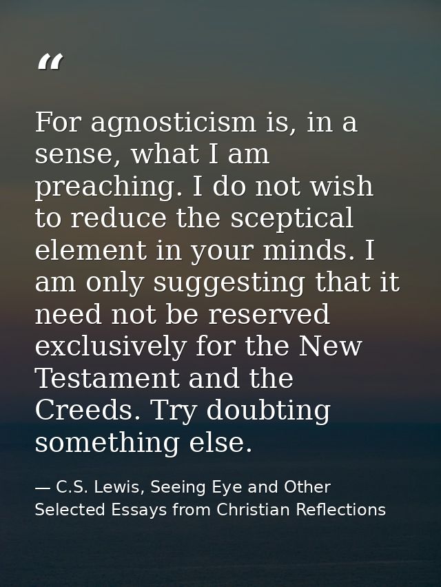 For agnosticism is, in a sense, what I am preaching. I do not wish to reduce the sceptical element in your minds. I am o — C.S. Lewis, Seeing Eye and Other Selected Essays from Christian Reflections