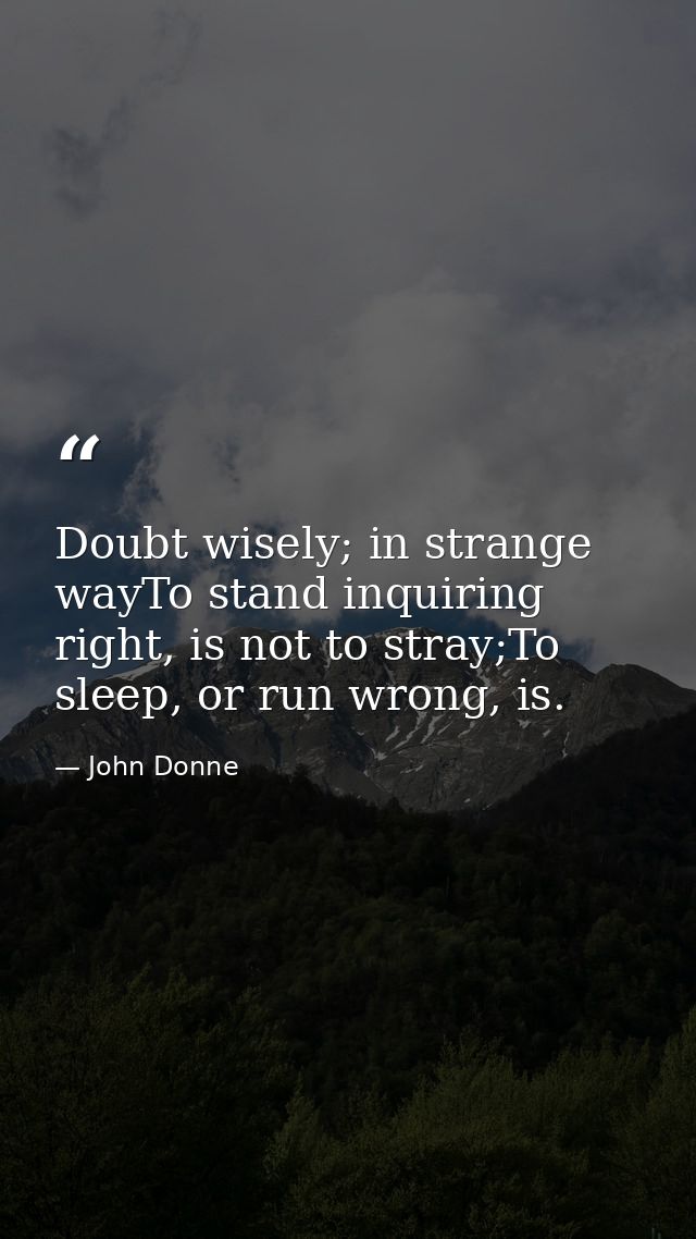 Doubt wisely; in strange wayTo stand inquiring right, is not to stray;To sleep, or run wrong, is. — John Donne
