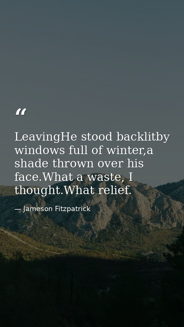 LeavingHe stood backlitby windows full of winter,a shade thrown over his face.What a waste, I thought.What relief. — Jameson Fitzpatrick