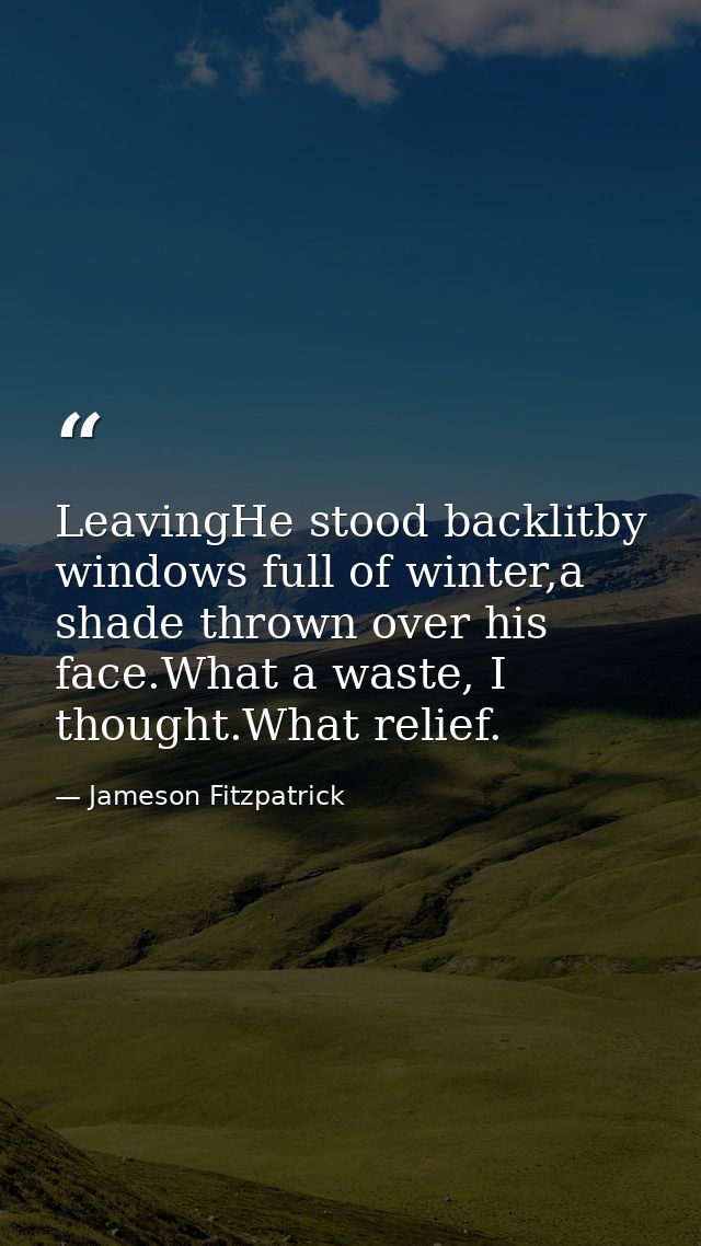 LeavingHe stood backlitby windows full of winter,a shade thrown over his face.What a waste, I thought.What relief. — Jameson Fitzpatrick