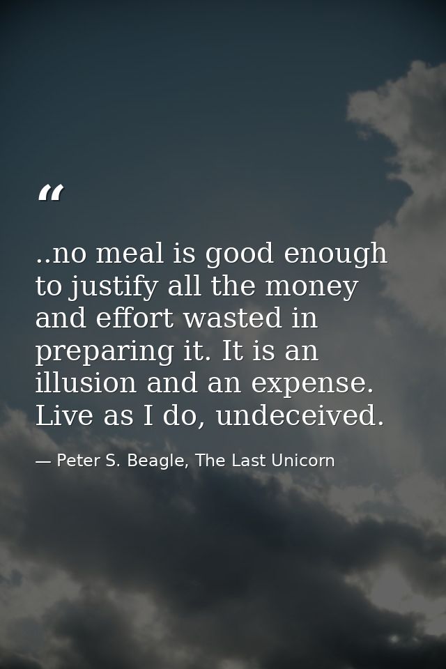 ..no meal is good enough to justify all the money and effort wasted in preparing it. It is an illusion and an expense. L — Peter S. Beagle, The Last Unicorn