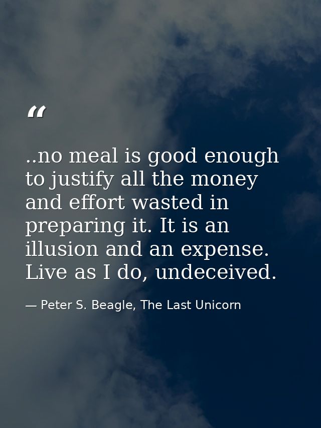 ..no meal is good enough to justify all the money and effort wasted in preparing it. It is an illusion and an expense. L — Peter S. Beagle, The Last Unicorn