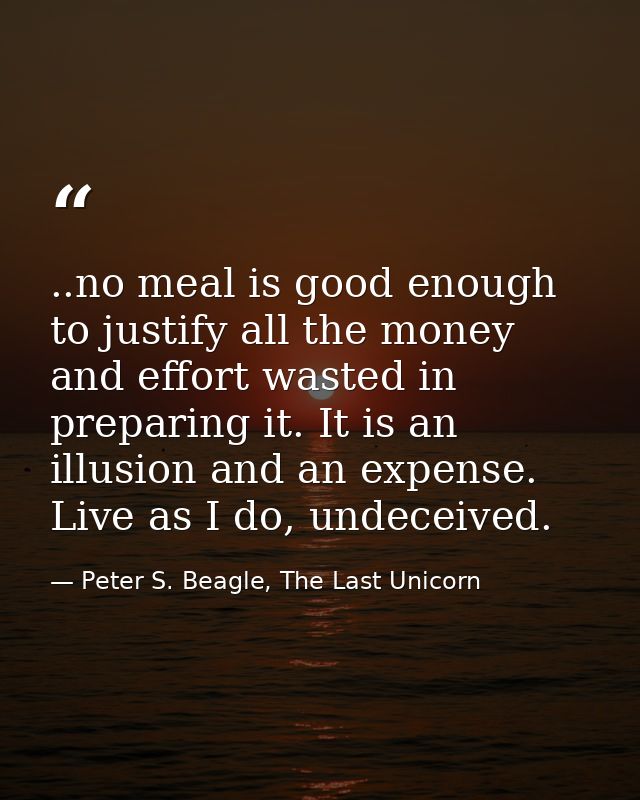 ..no meal is good enough to justify all the money and effort wasted in preparing it. It is an illusion and an expense. L — Peter S. Beagle, The Last Unicorn