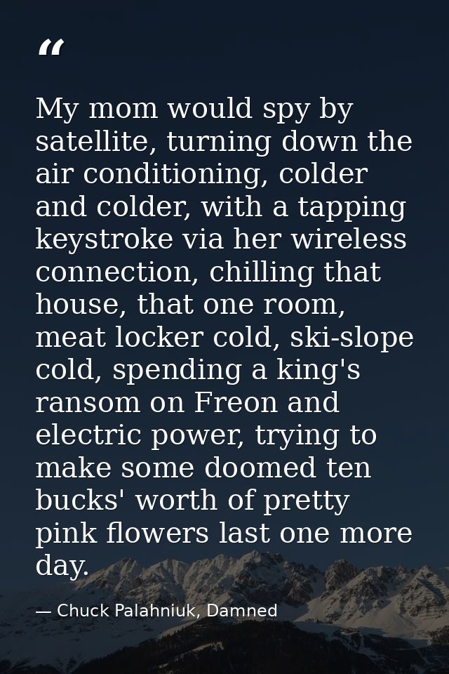 My mom would spy by satellite, turning down the air conditioning, colder and colder, with a tapping keystroke via her wi — Chuck Palahniuk, Damned