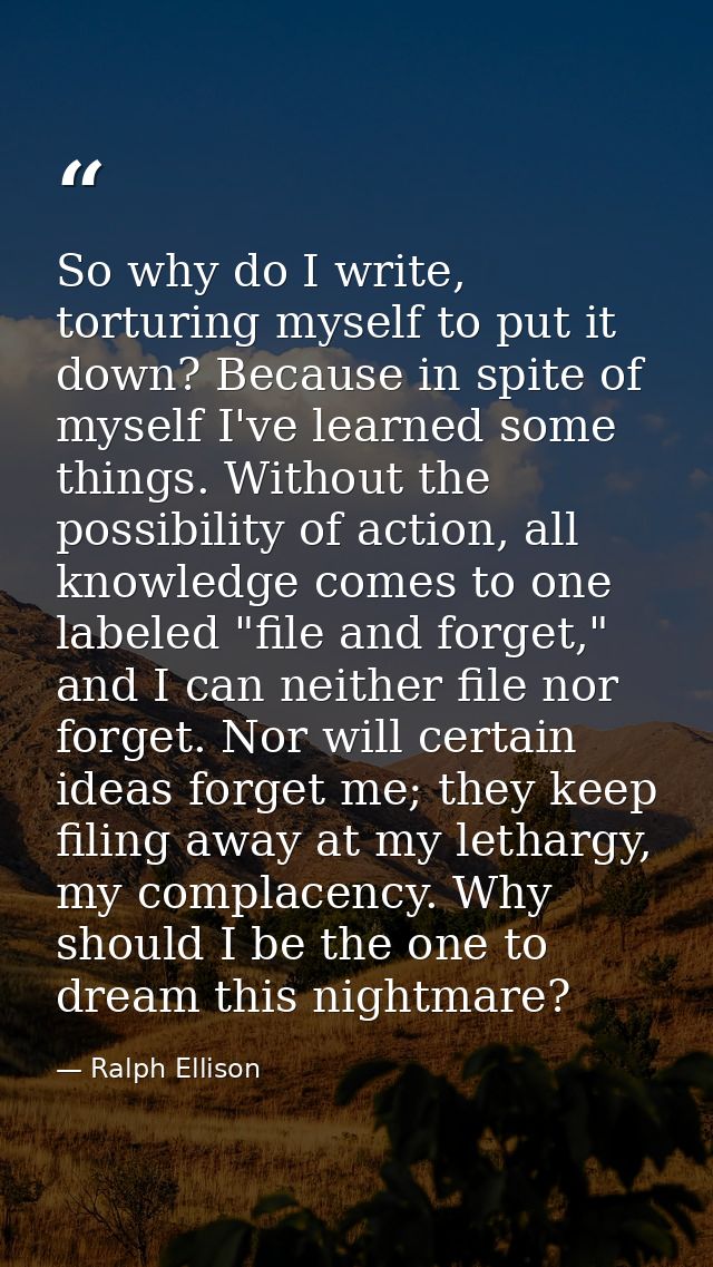So why do I write, torturing myself to put it down? Because in spite of myself I've learned some things. Without the pos — Ralph Ellison