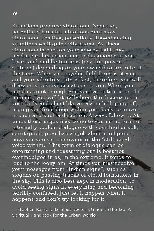 Situations produce vibrations. Negative, potentially harmful situations emit slow vibrations. Positive, potentially life — Stephen Russell, Barefoot Doctor's Guide to the Tao: A Spiritual Handbook for the Urban Warrior