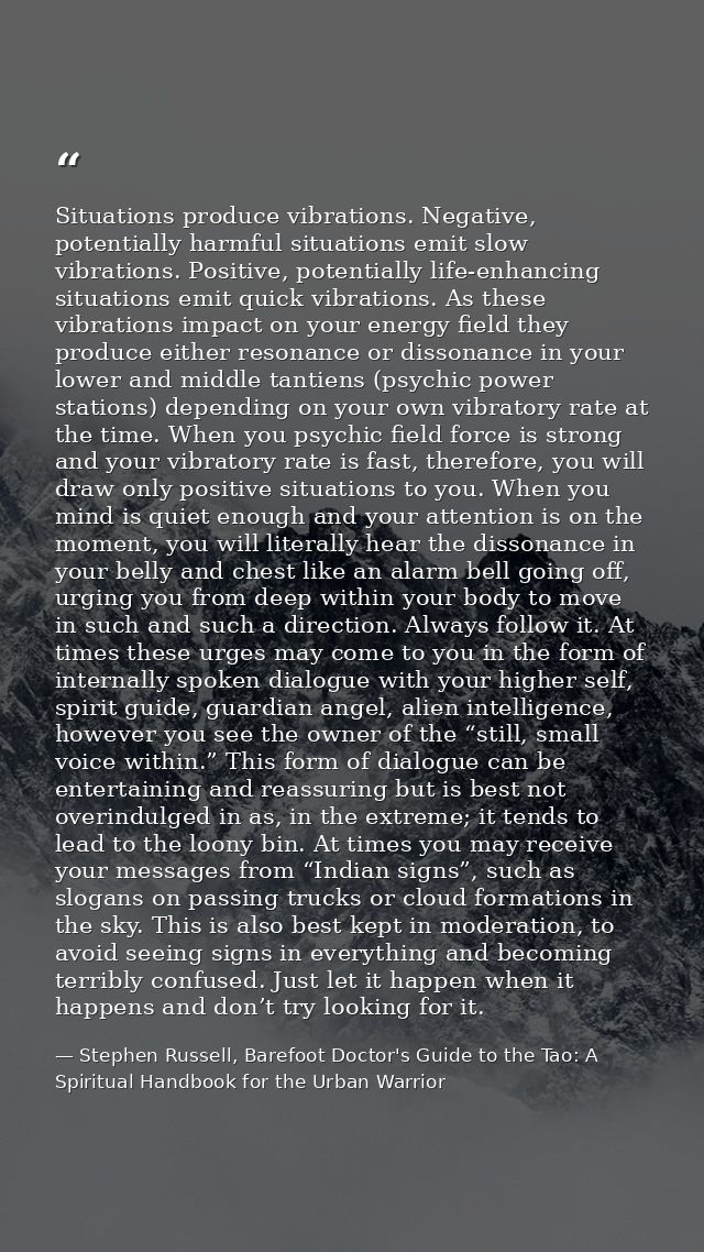 Situations produce vibrations. Negative, potentially harmful situations emit slow vibrations. Positive, potentially life — Stephen Russell, Barefoot Doctor's Guide to the Tao: A Spiritual Handbook for the Urban Warrior