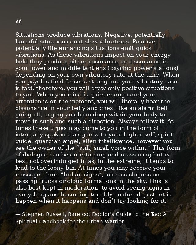 Situations produce vibrations. Negative, potentially harmful situations emit slow vibrations. Positive, potentially life — Stephen Russell, Barefoot Doctor's Guide to the Tao: A Spiritual Handbook for the Urban Warrior