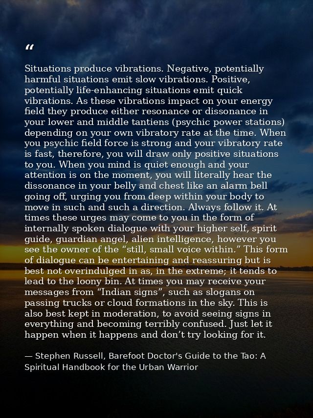 Situations produce vibrations. Negative, potentially harmful situations emit slow vibrations. Positive, potentially life — Stephen Russell, Barefoot Doctor's Guide to the Tao: A Spiritual Handbook for the Urban Warrior