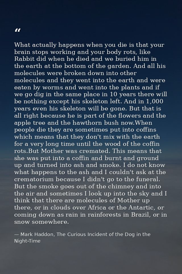 What actually happens when you die is that your brain stops working and your body rots, like Rabbit did when he died and — Mark Haddon, The Curious Incident of the Dog in the Night-Time