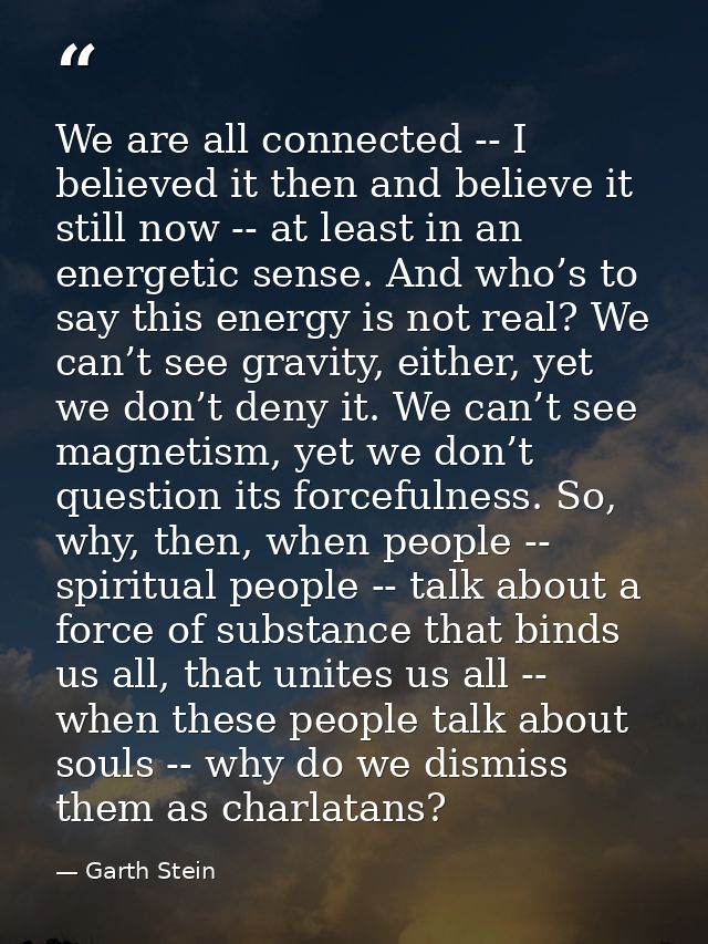 We are all connected -- I believed it then and believe it still now -- at least in an energetic sense. And who’s to say  — Garth Stein