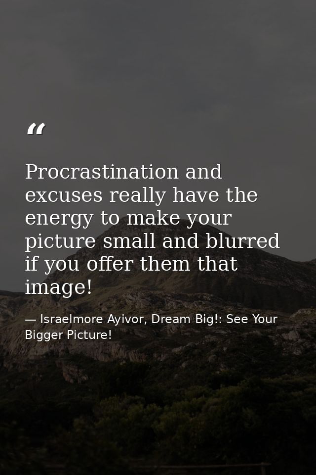 Procrastination and excuses really have the energy to make your picture small and blurred if you offer them that image! — Israelmore Ayivor, Dream Big!: See Your Bigger Picture!