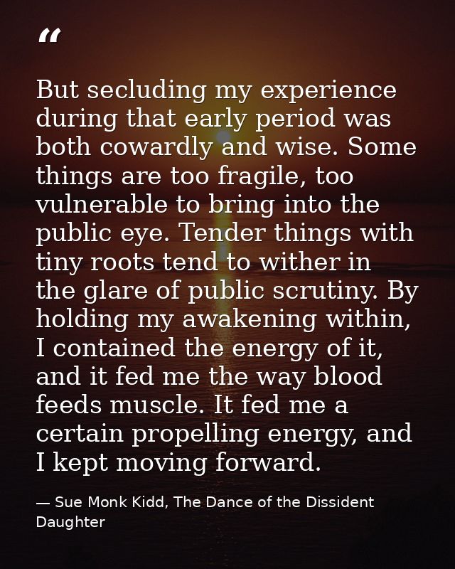 But secluding my experience during that early period was both cowardly and wise. Some things are too fragile, too vulner — Sue Monk Kidd, The Dance of the Dissident Daughter