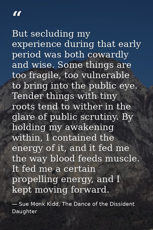 But secluding my experience during that early period was both cowardly and wise. Some things are too fragile, too vulner — Sue Monk Kidd, The Dance of the Dissident Daughter