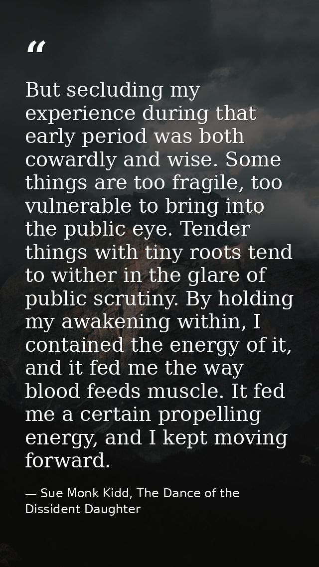 But secluding my experience during that early period was both cowardly and wise. Some things are too fragile, too vulner — Sue Monk Kidd, The Dance of the Dissident Daughter