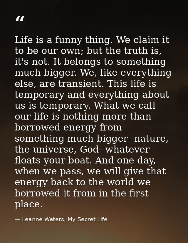 Life is a funny thing. We claim it to be our own; but the truth is, it's not. It belongs to something much bigger. We, l — Leanne Waters, My Secret Life