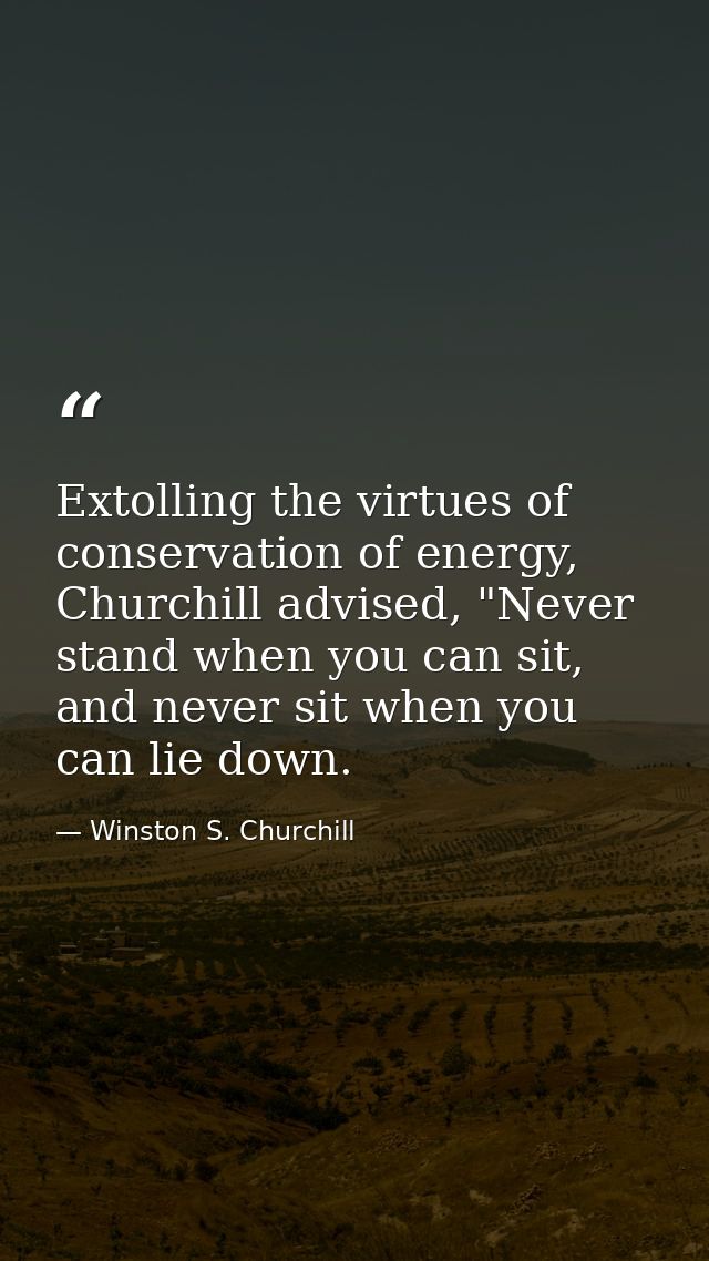 Extolling the virtues of conservation of energy, Churchill advised, "Never stand when you can sit, and never sit when yo — Winston S. Churchill
