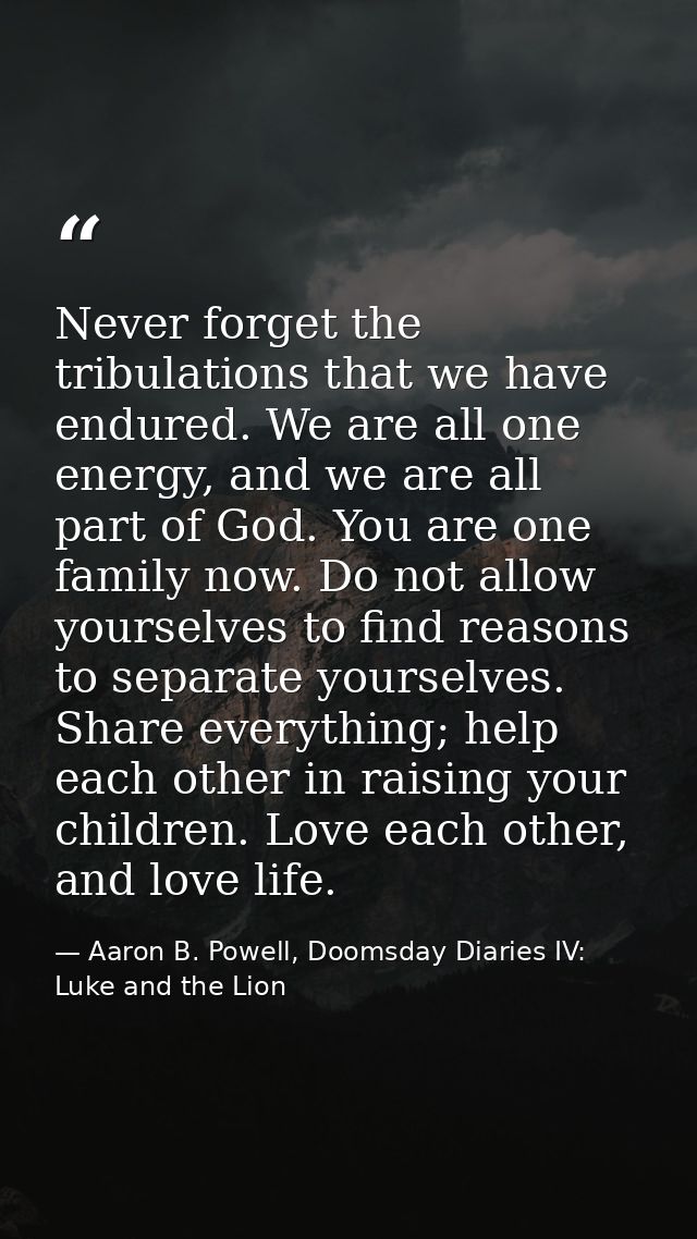 Never forget the tribulations that we have endured. We are all one energy, and we are all part of God. You are one famil — Aaron B. Powell, Doomsday Diaries IV: Luke and the Lion