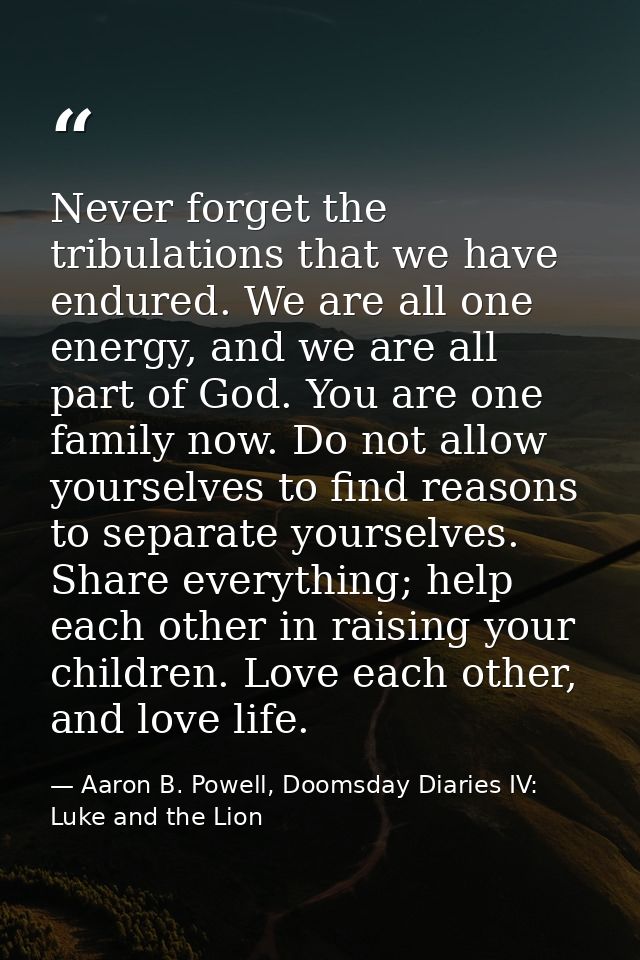 Never forget the tribulations that we have endured. We are all one energy, and we are all part of God. You are one famil — Aaron B. Powell, Doomsday Diaries IV: Luke and the Lion