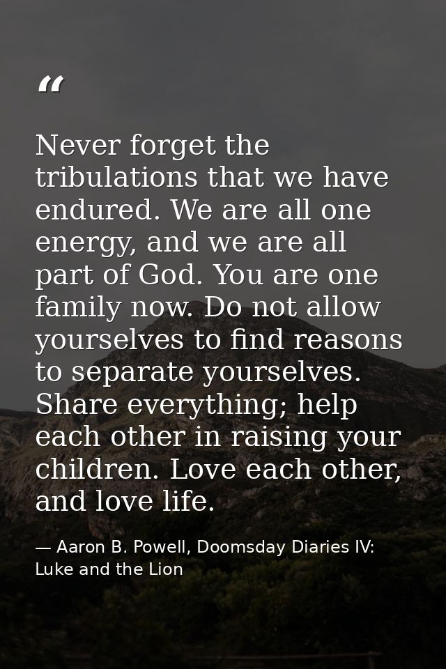 Never forget the tribulations that we have endured. We are all one energy, and we are all part of God. You are one famil — Aaron B. Powell, Doomsday Diaries IV: Luke and the Lion