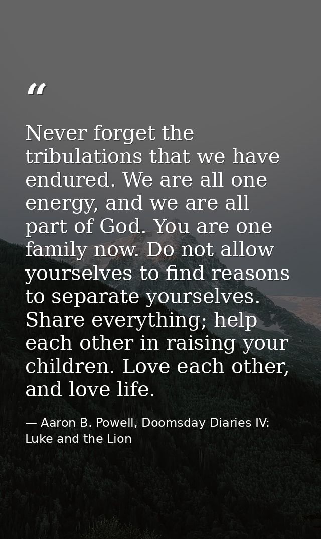 Never forget the tribulations that we have endured. We are all one energy, and we are all part of God. You are one famil — Aaron B. Powell, Doomsday Diaries IV: Luke and the Lion