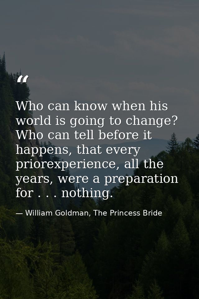 Who can know when his world is going to change? Who can tell before it happens, that every priorexperience, all the year — William Goldman, The Princess Bride